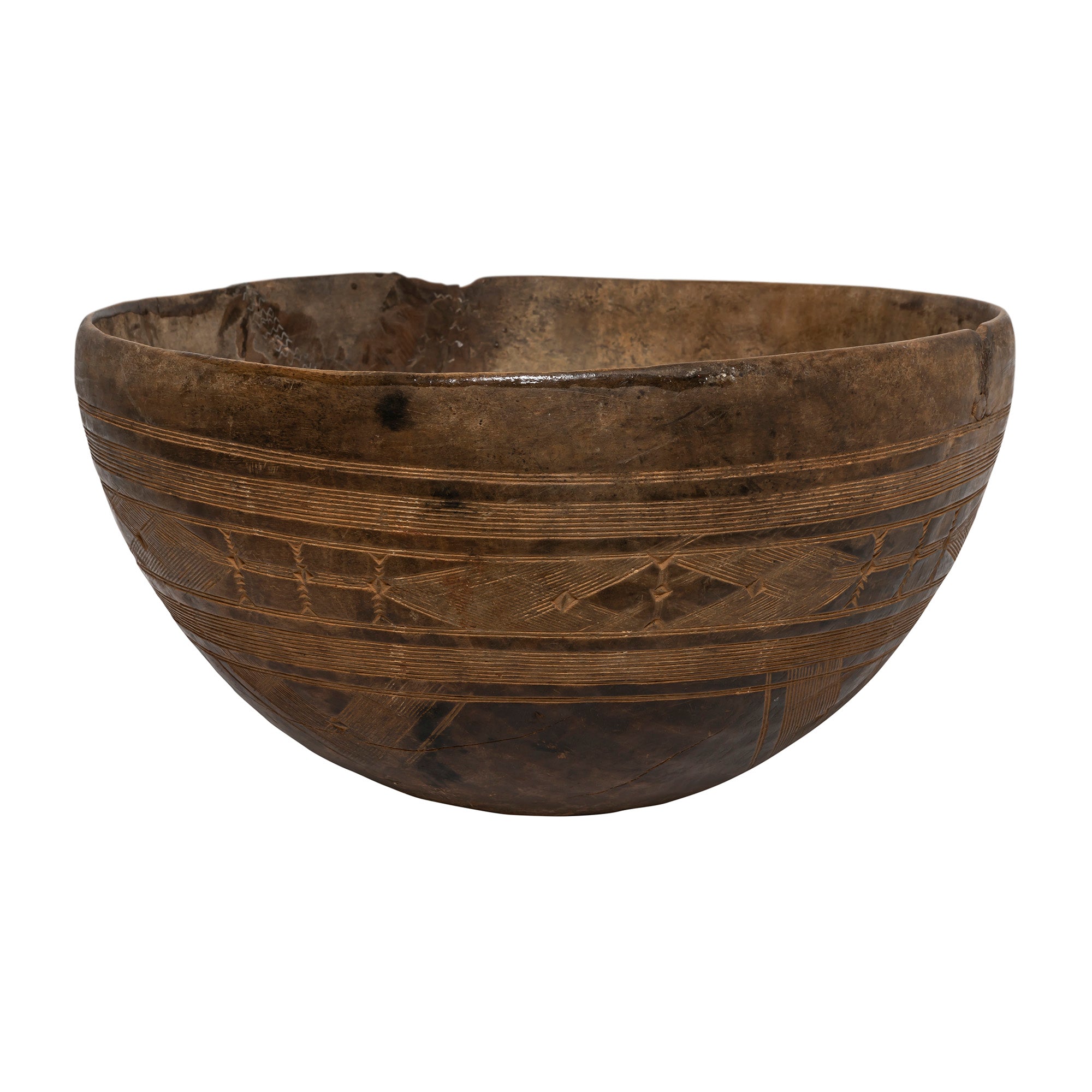 Vintage wooden dough bow or bread bowll with a carved pattern and rustic details