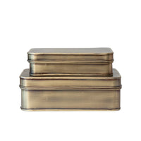 A set of two nested rectangular metal tins with rounded corners in an antique brass or bronze finish, shown against a plain white background.