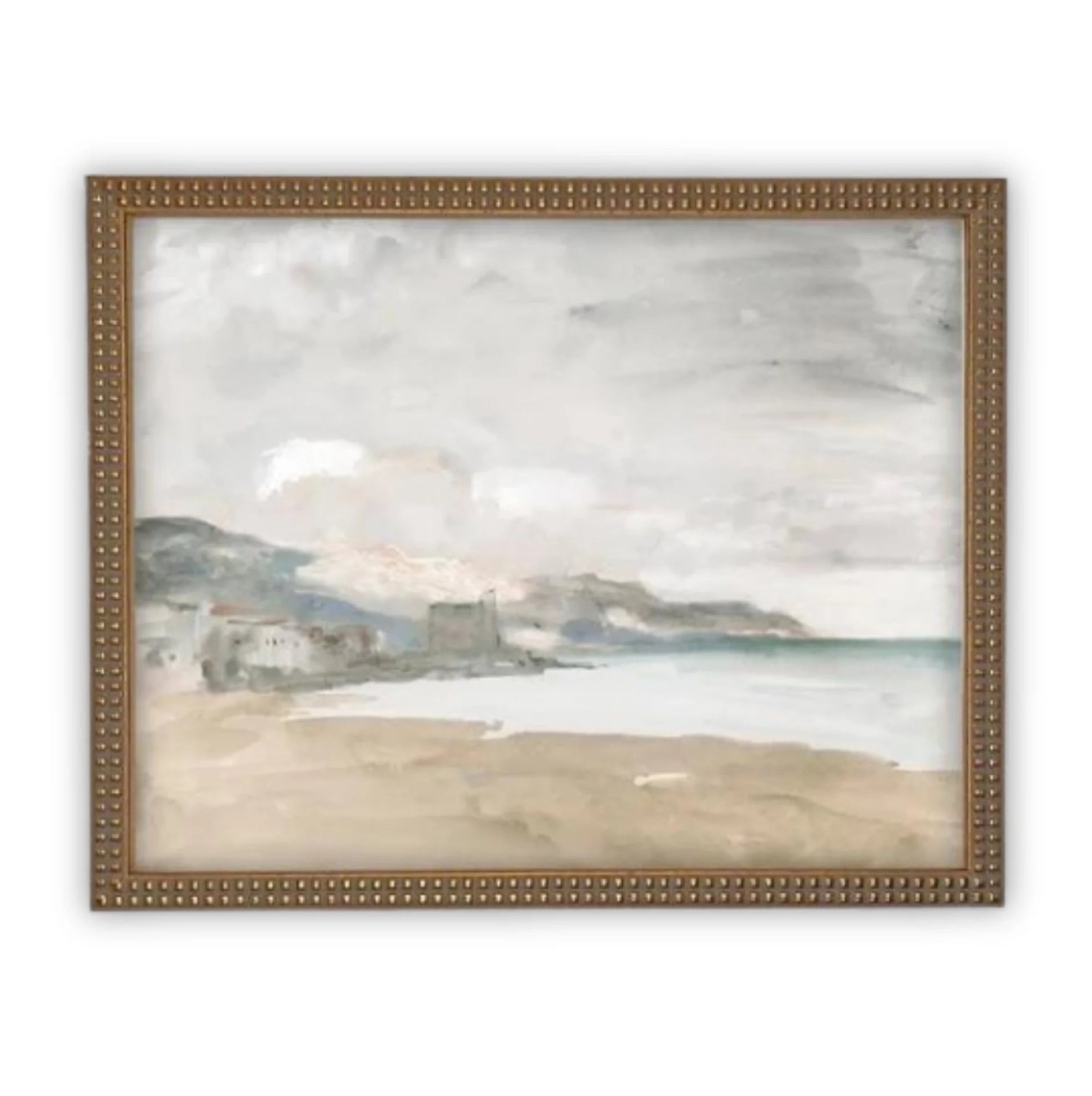 Framed artwork of a coastal scene with a few buildings on a hill.