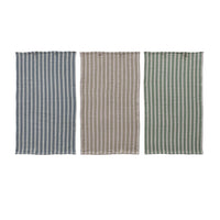 Three striped towels in different colors blue, green and natural on a white background
