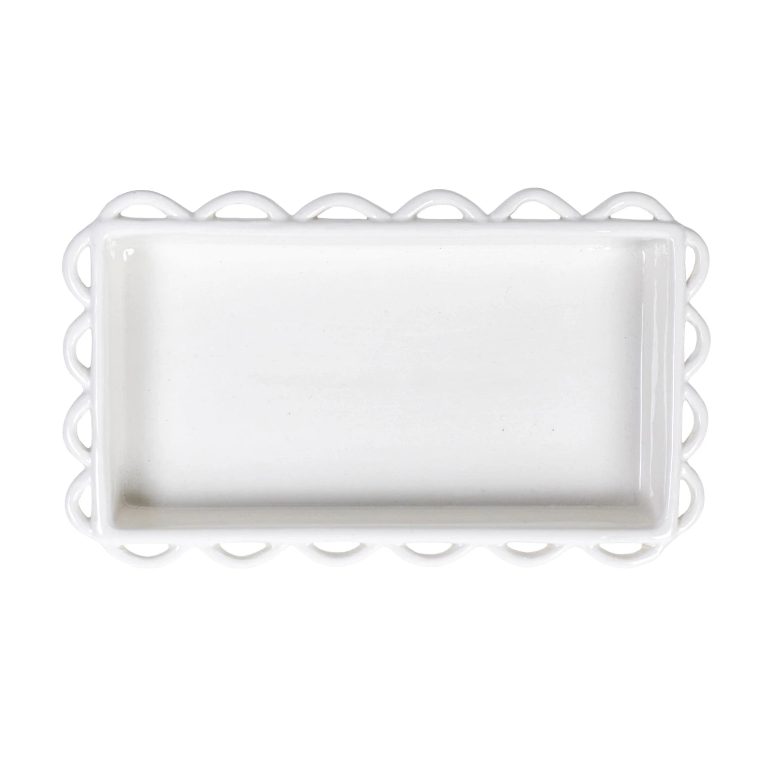 Rectangular white tray with scalloped edge on a white background