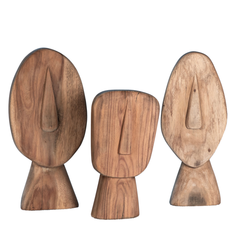 Set of 3 carved abstract wooden face sculptures 