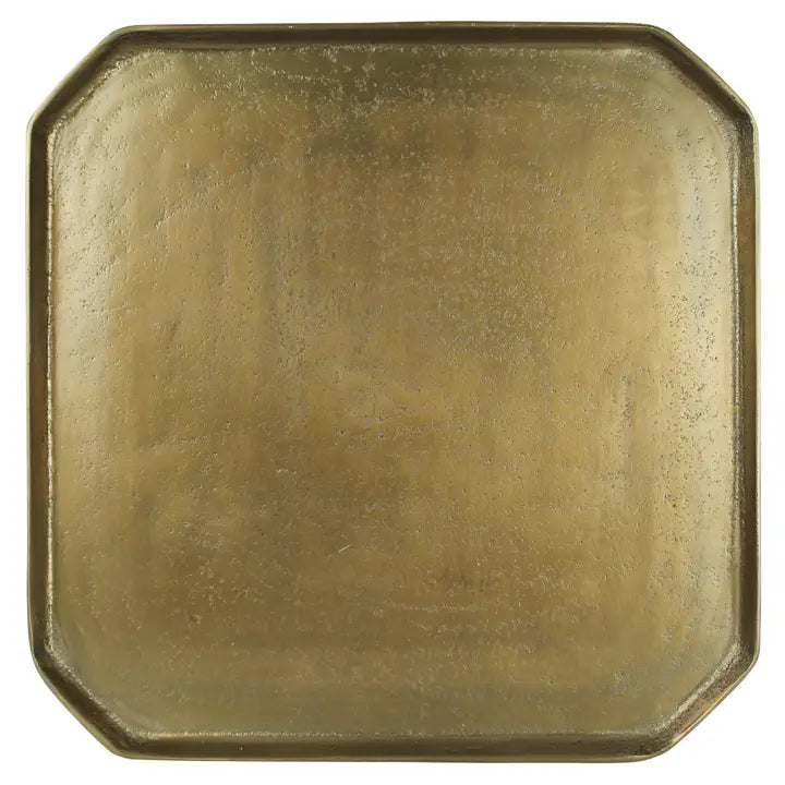 A square, vintage-style brass tray with rounded corners and a textured surface. The tray has a warm, antique finish, giving it an elegant and classic look.