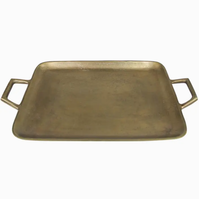 Rectangular bronze tray with two side handles on a white background. The tray's surface has a subtle patina, suggesting an antique or rustic look.