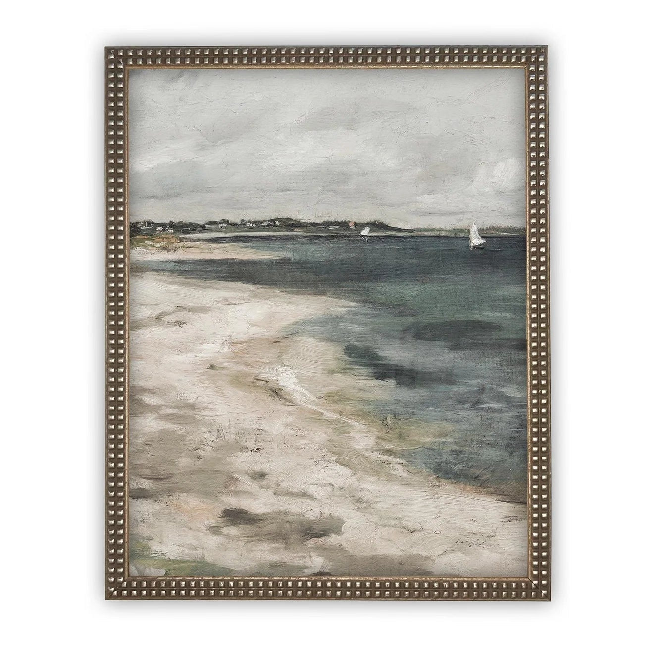 Framed painting of a coastal scene with sailboats on a white background