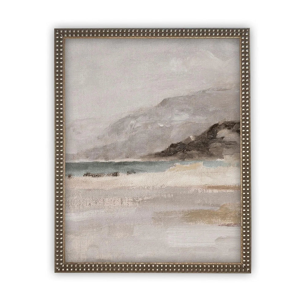 Framed artwork of a landscape with mountains and water on a white background