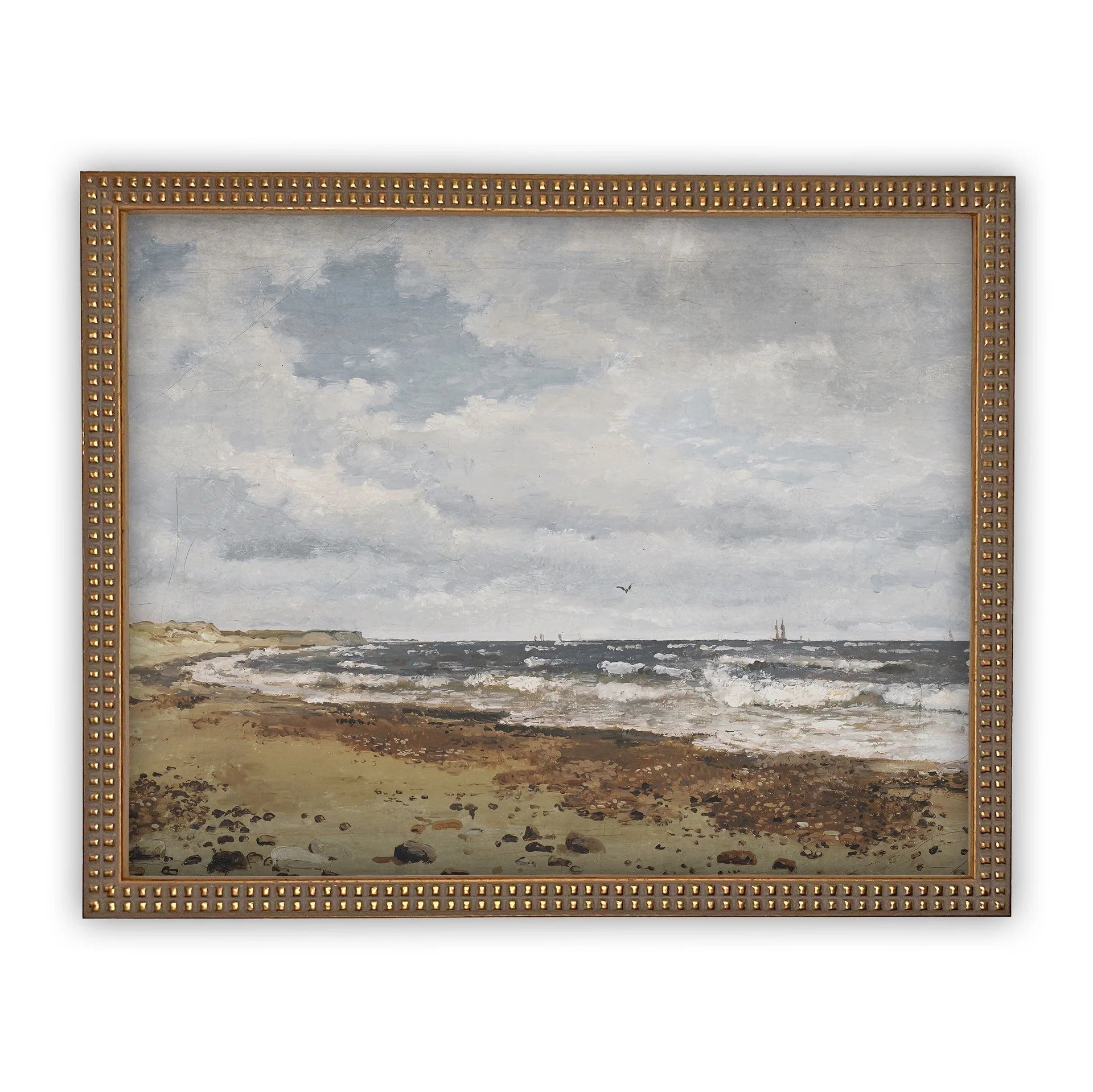Framed painting of a coastal landscape with waves and sky.