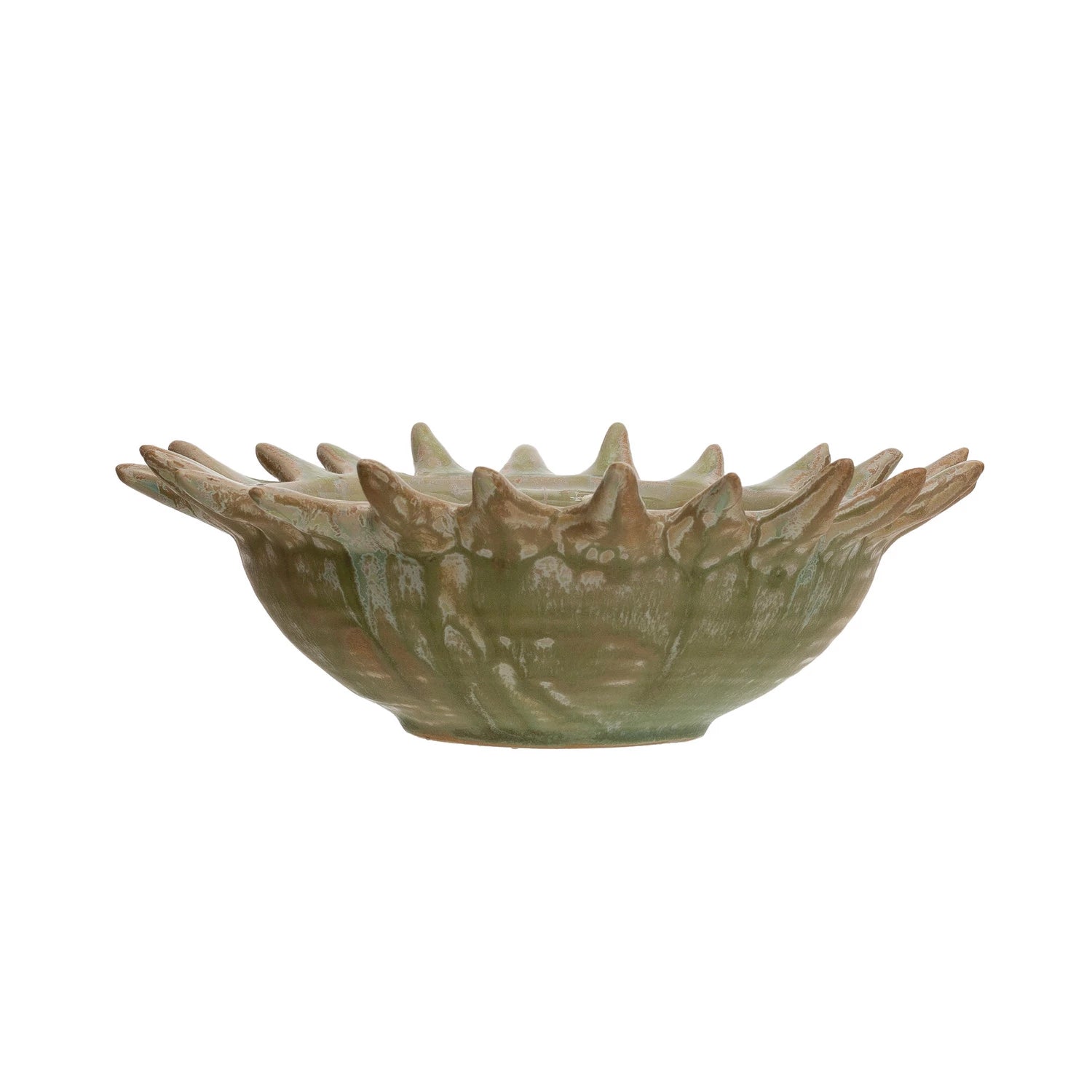 Ceramic bowl with sunburst design on a white background. view of side of bowl