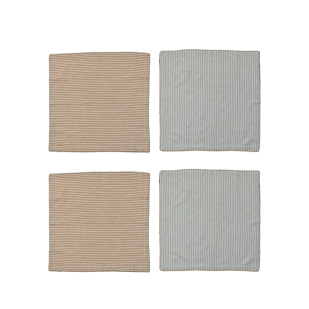 Four square napkins with striped patterns on a white background