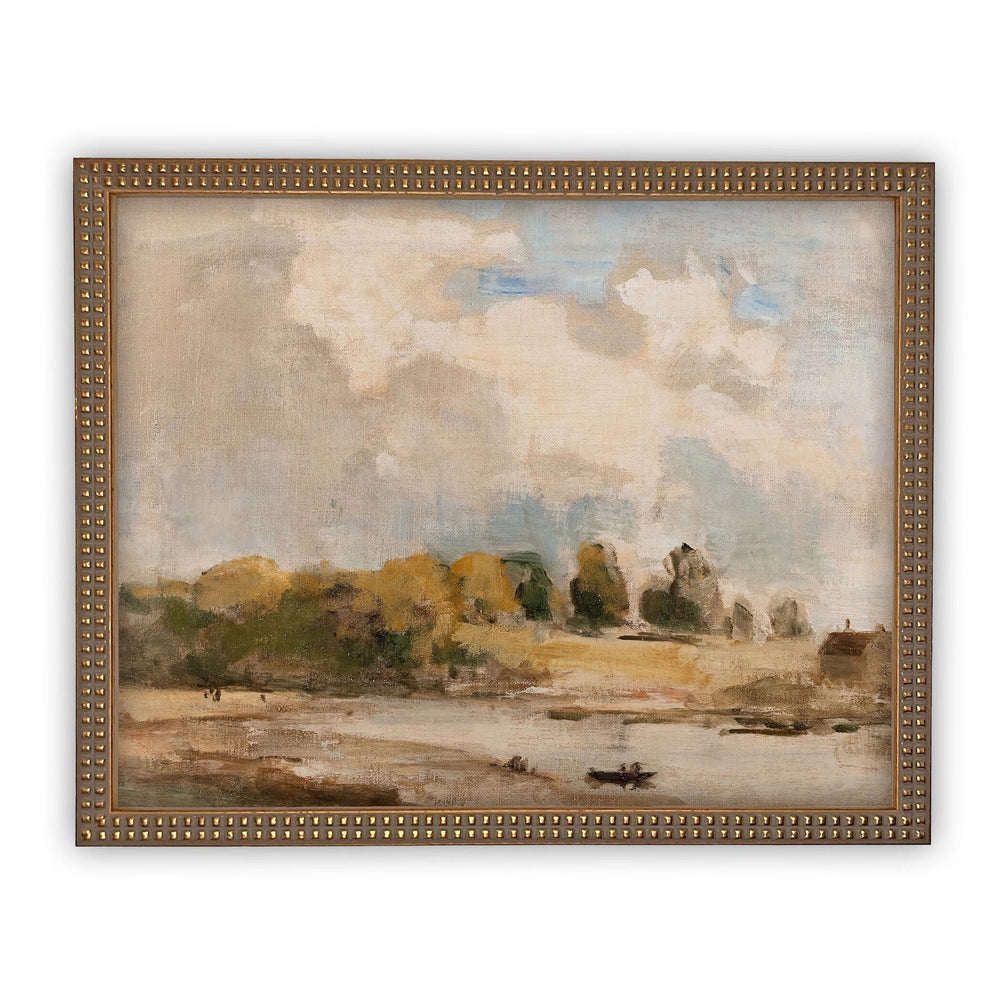 Framed painting of a landscape with a river and trees