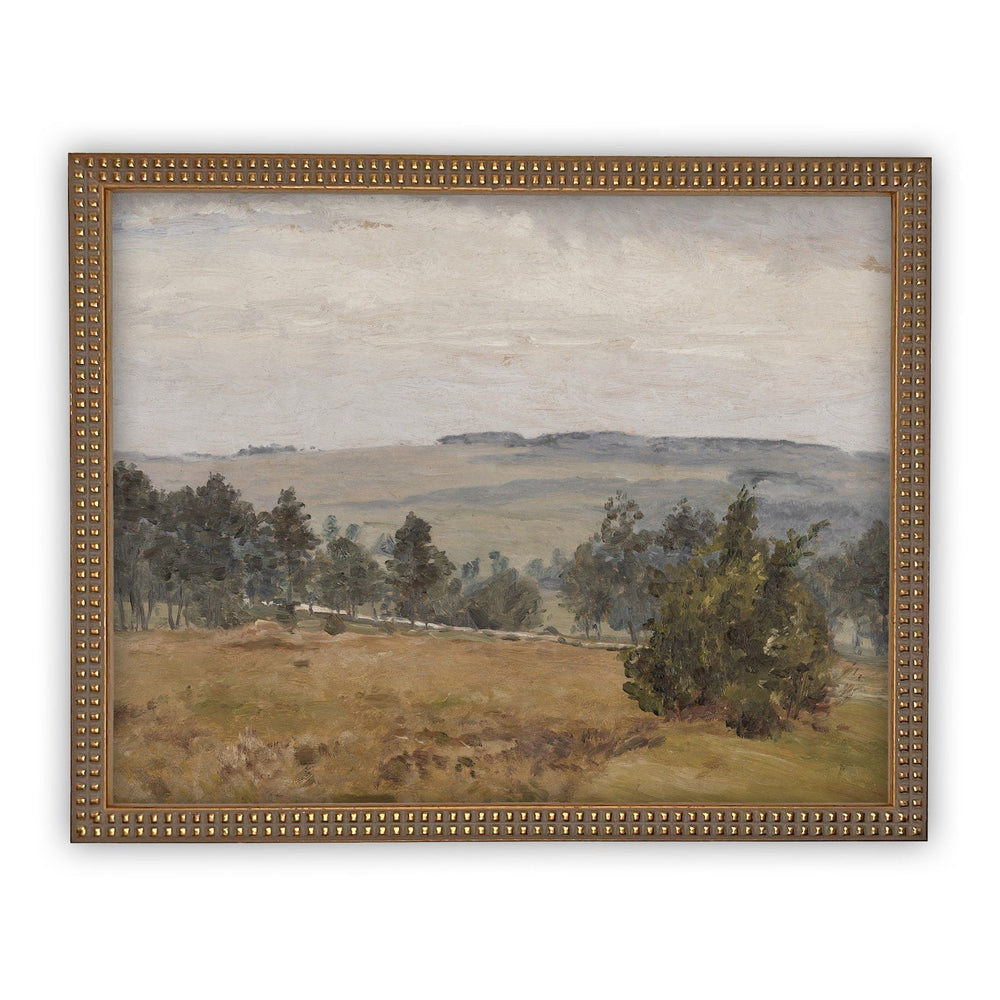 Framed landscape painting with trees and open field