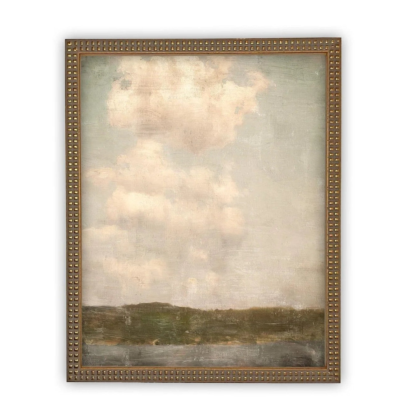 Framed artwork of a landscape with clouds and water on a white background