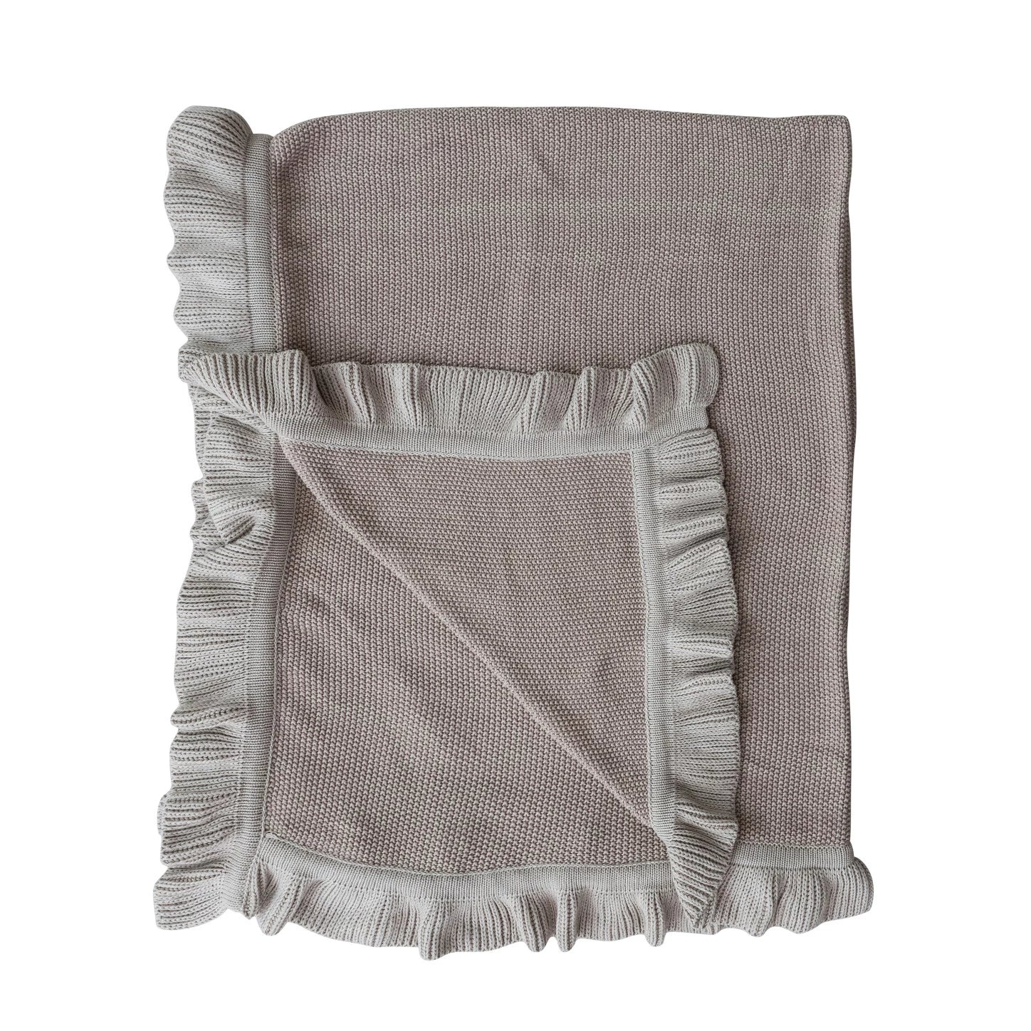 Gray textured blanket with ruffled edges on a white background