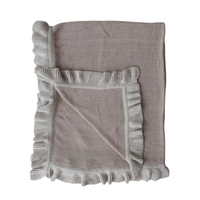 Gray textured blanket with ruffled edges on a white background