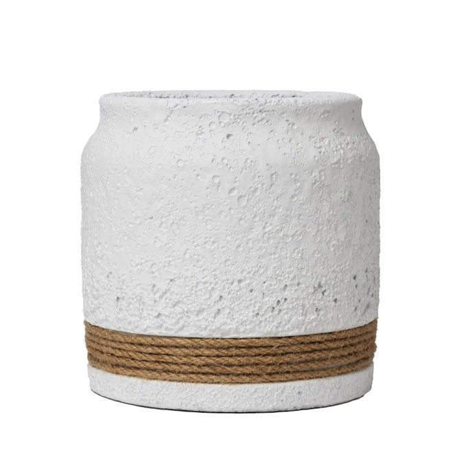 Small pot with a textured surface and rope accents