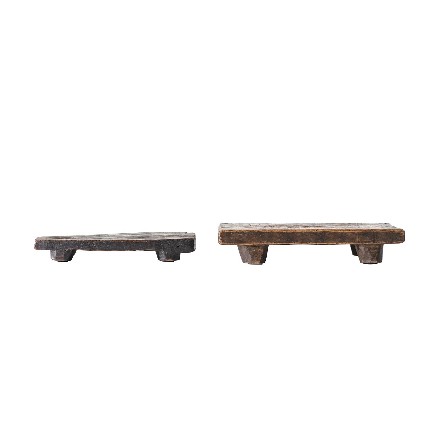 Two wooden shelves with a rustic finish on a white background