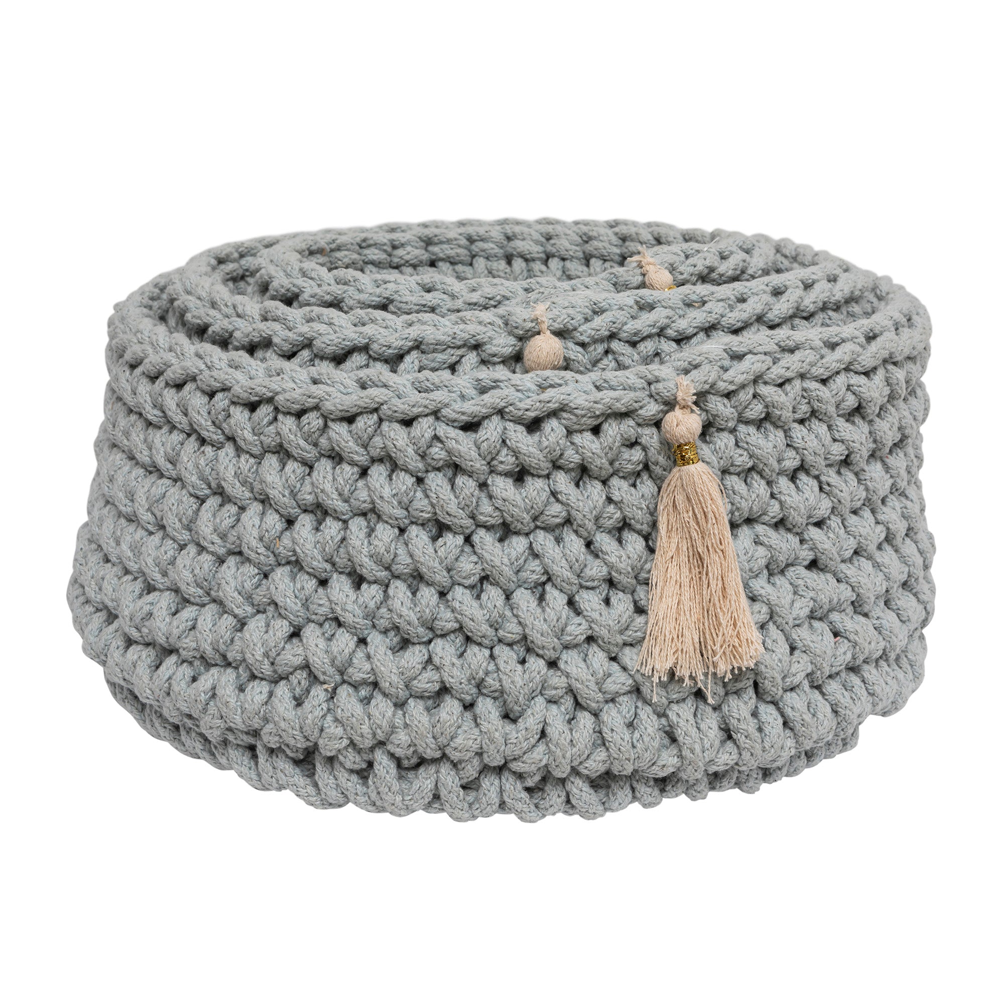 3 nesting baskets made of a rope weave of light blue with cream tassels